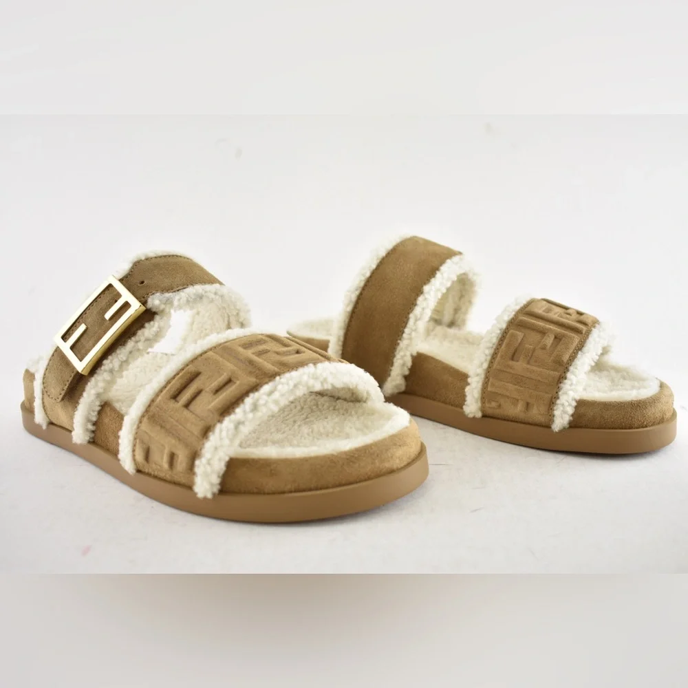 Fendi Feel Slide Shearling Fur Lined Bronze Monogram Logo Mule Flat Sandal 36.5 - Picture 4 of 16